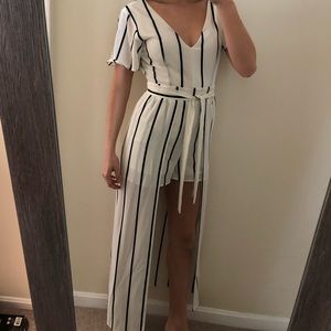 White & black stripes romper with maxi half skirt